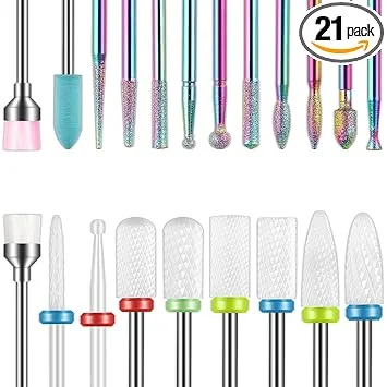 Depvko 21pcs Nail Drill Bits Sets, 3/32 Inch Cuticle Electric Nail File and Ceramic Acrylic Gel Nail Bit Kit, Acrylic Nail Art Tools, Carbide Remover Bits for Manicure Pedicure, Home Salon