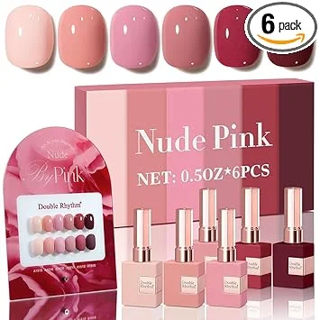 Double Rhythm 6 Pcs 15 ML Gel Polish Set Same Color Same Bottle Soak Off Gel Polish Kit Nail Art Manicure Salon DIY at Home for Women (Burgundy Red Nude Pink Purple Beige-T6-3)
