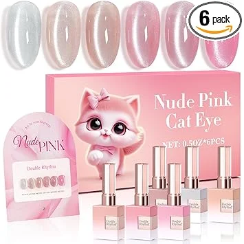 Double Rhythm Cat Eye Gel Nail Polish Set of 6 Same Color Same Bottle 0.5 Oz Shimmer Glitter with Magnet Holographic Reflective Magnetic UV Nail Polish Kit at Home (Silver Nude Pink-T6-42)