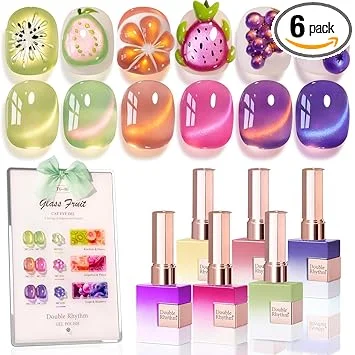 Double Rhythm Fruit Cat Eye Gel Nail Polish Set of 6 Same Color Same Bottle 0.5 Oz Shimmer Glitter with Magnet Holographic Reflective Magnetic UV Polish Kit at Home (Glass Rose Pink Green-T6-48)