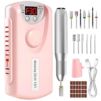 Droyek Electric Nail Drill Portable Nail Drill Professional 30000 RPM 13 Salon Quality Drill bits 50 Sanding Bands Portable & Low Noise for Acrylic Nails Gel Polishing Removing Bits Kit for Home Use
