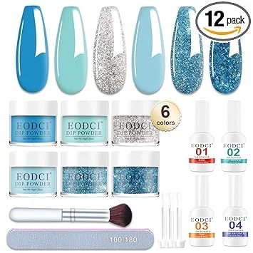 Eodci 12 Pcs Dip Powder Nail Kit Starter, 6 Colors Glitter Blue Snow Dipping Powder Kit With Base & Top Coat/Activator/Brush Saver, Nail Art Manicure Salon DIY for Daily at Home Party Gifts for Women