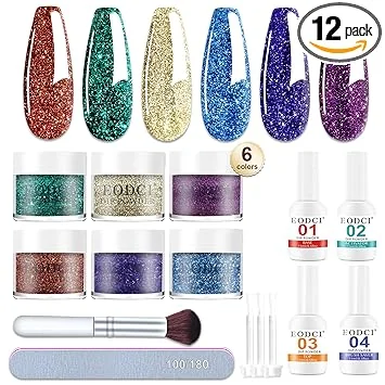 Eodci 12 Pcs Dip Powder Nail Kit Starter, 6 Colors Glitter Blue Starry Green Sparkle Purple Dipping Powder Kit with Base & Top Coat, Nail Art Dip Manicure Kits for Women