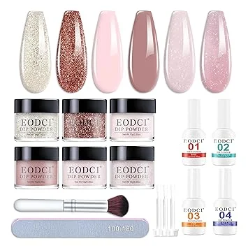 Eodci 12 Pcs Dip Powder Nail Kit Starter, 6 Colors Glitter Pink Nude Sparkle Purple Dipping Powder Kit with Base & Top Coat/Activator/Brush Saver, Nail Art Dip Manicure Kits for Women