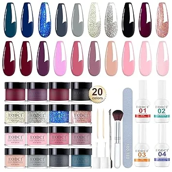 EODCI 31 Pcs Dip Powder Nail Kit, 20 Colors Glitter Nude Pink Blue Gray Dip Powder Liquid Set with Top/Base Coat Activator for French Nails Art Manicure DIY Salon, No Needed Nail Lamp Curing