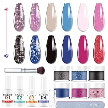 EODCI Color Changing Dip Powder Nail Kit Starter, 6 Colors Dipping Powder Kit With Base & Top Coat/Activator/Brush Saver,Glitter Pink Blue Purple Mood Temperature Change, No Needed Nail Lamp Curing