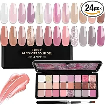 EODCI Solid Gel Nail Polish,24 Colors Solid Cream Gel Polish Palette with Brush, Mud Pudding Nail Art Painting Manicure Kit, Nude Brown Glitter Gold For Lady's Day Gift