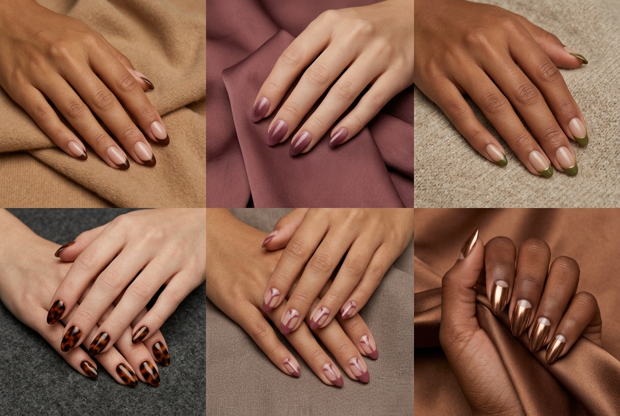 Original concept board of almond fall nails with chocolate French tips, plum gradients, olive lines and bronze accents