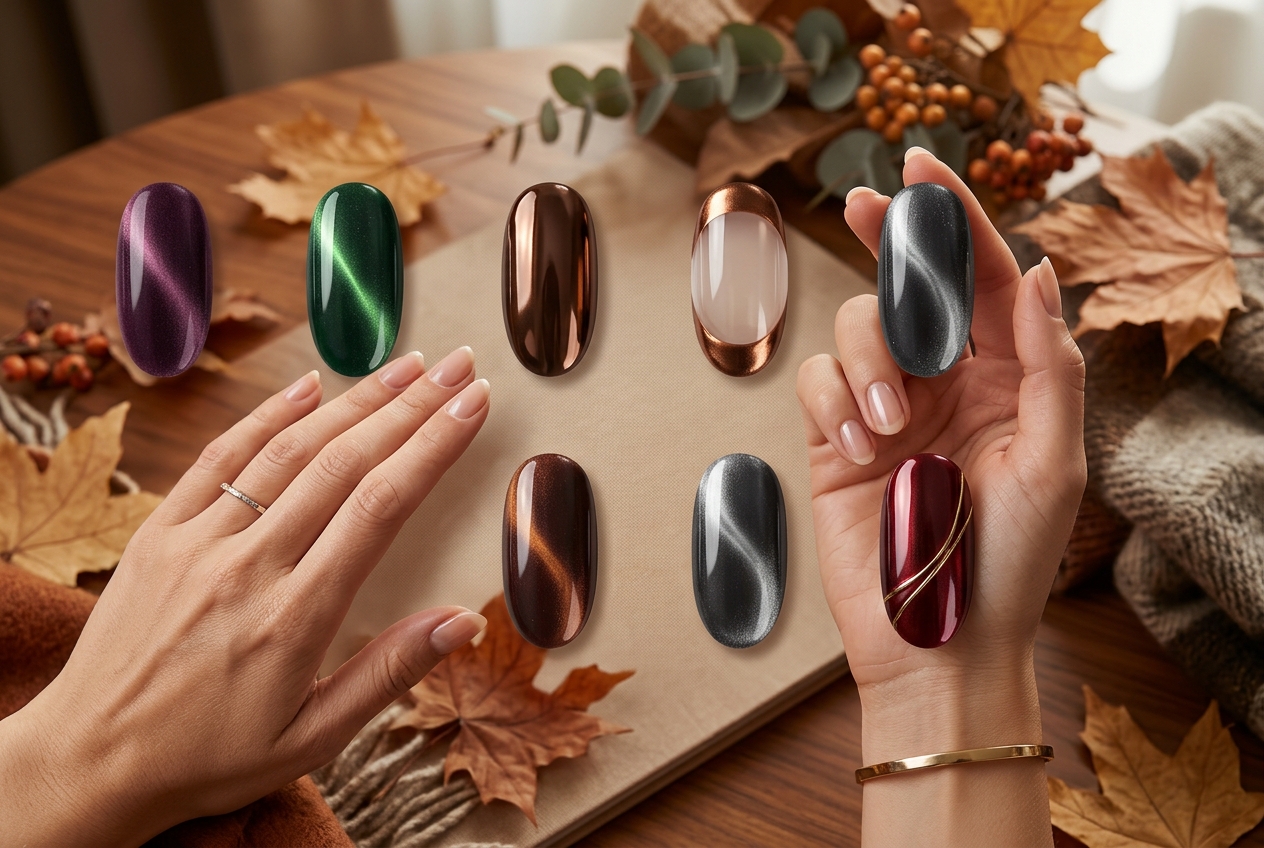 Concept illustration of plum and burgundy cat-eye chrome nails with jewel-toned reflections