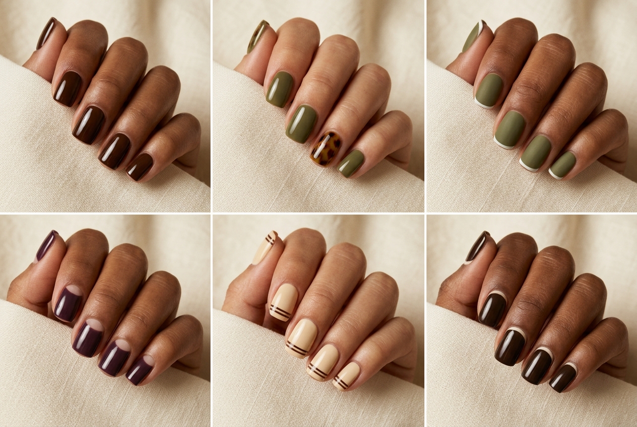 Original concept illustration of short square fall nails in chocolate, olive and bronze palettes