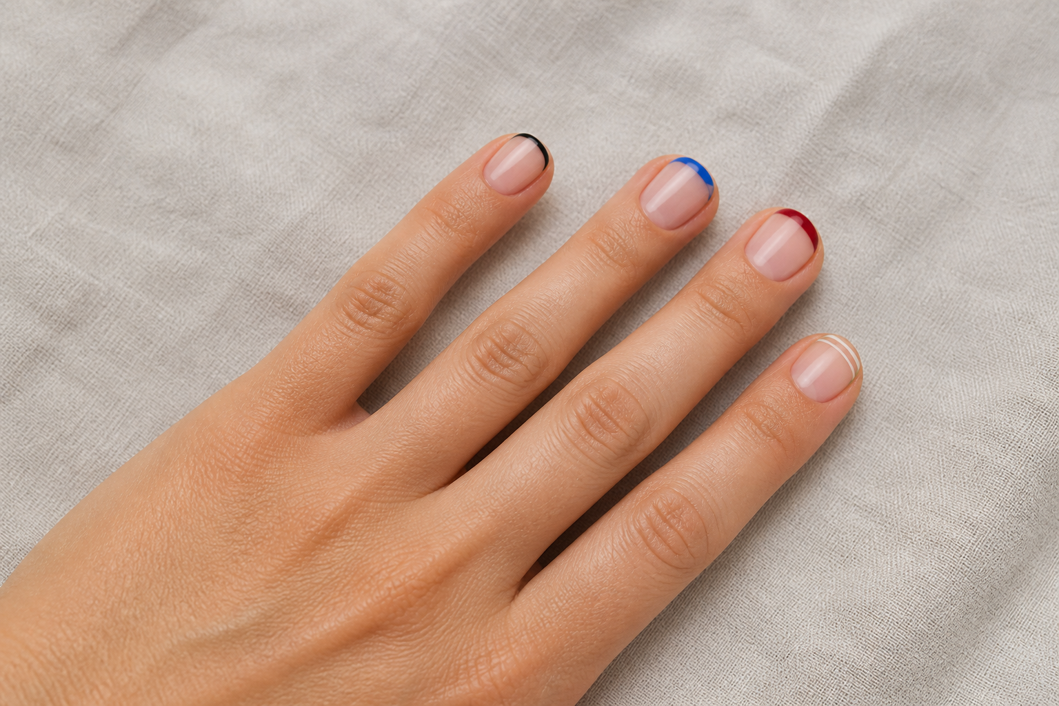 Short square nails with compact white, red, blue, and pink French tips