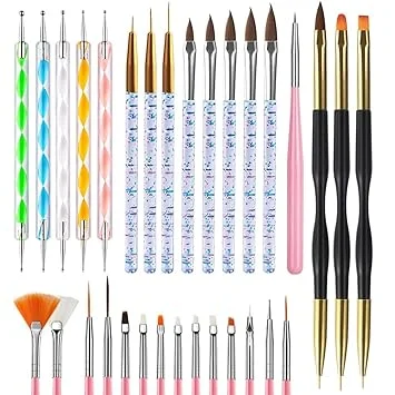 FULINJOY 31PCS Nail Art Brushes, Nail Art Tool Set, Double Ended Nail Dotting Tools, Nail Dust Brush, Striping Brushes for Long Lines, Nail Drawing Pen for Nail Design