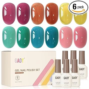 GAOY Jelly Gel Nail Polish of 6 Sheer Pink Red Blue Yellow Colors Summer Gel Polish Kit for Salon Manicure and Nail Art DIY at Home