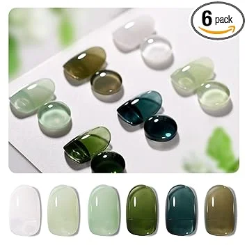 GAOY Jelly Green Gel Nail Polish Set, 6 Transparent Colors Sheer White, UV Light Cure Gel Polish for Salon and Nail Art DIY at Home