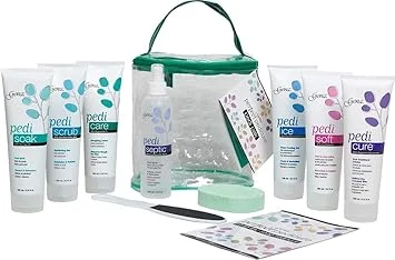 Gena Pedi Pak Intro Kit - 7-Piece Pedicure Kit Foot Spa with Foot Scrub, Soak & Pumice Stone in A Tote, At-Home Pedicure Set