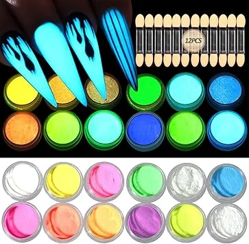 Glow in The Dark Pigment Powder,12 Colors Luminous Iridescent Acrylic Nail Powder,Fluorescent Neon Phosphor Glitter Dust for Gel Polish,Nail Art Decoration,Halloween Nails Supplies,DIY Resin Craft