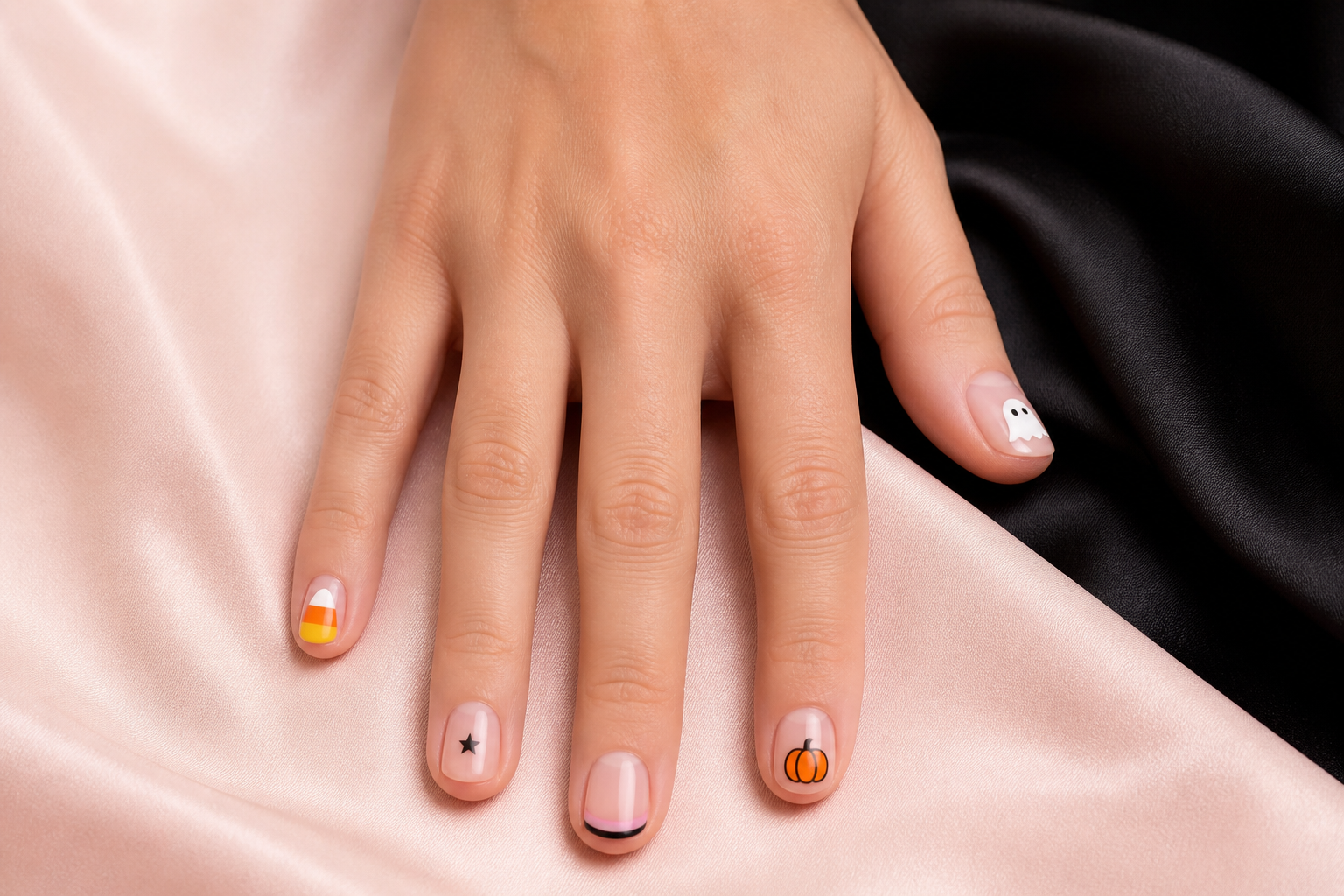 Cute Halloween nail concept with smiling ghosts, tiny pumpkins, bows, and playful pink accents