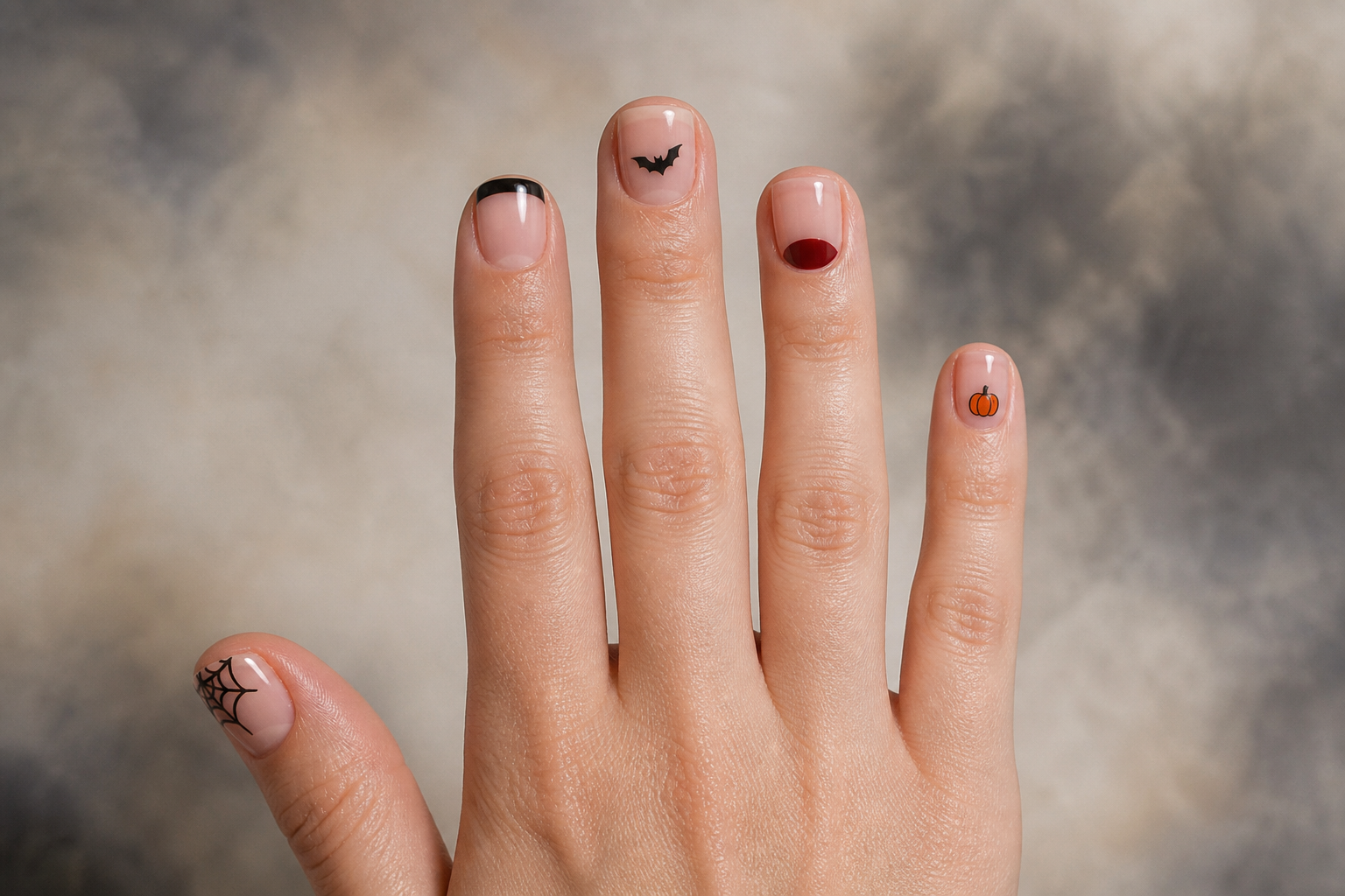 Short Halloween nail concept board with compact French tips, pumpkins, ghosts, and sidewall webs