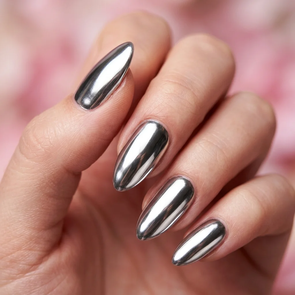 Mirror chrome manicure in rose gold
