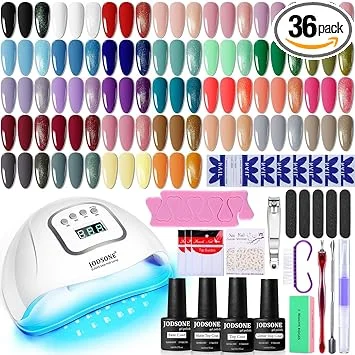 JODSONE Gel Nail Polish Kit with U V Light 32 Colors Gel Polish Nail + 4 Functional Adhesive Bottles Kit Soak Off Manicure Tools Gifts for Women