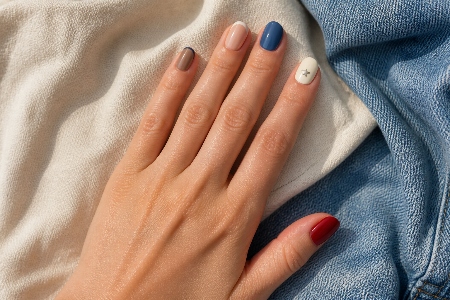 Short nails in cream, tomato red, navy and lake blue with line and dot motifs