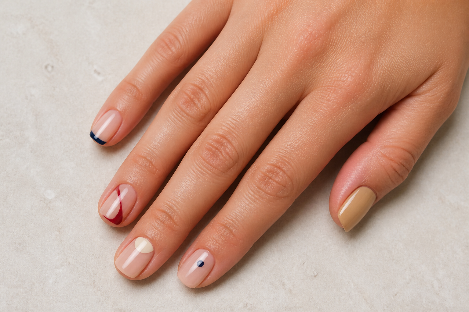 Short cream nails with red and navy micro-French edges and navy dots