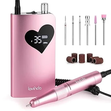 Lavinda Electric Nail Drill Machine, 35000RPM Professional Nail File Cordless Rechargeable Nail Efile for Acrylic Gel Nails (Pink 910)