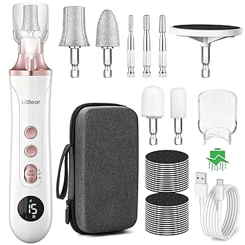 Litbear Electric Nail Drill File Set, 15 Speed Professional Thick Toenail Grinder, Cordless Pedicure Manicure Tool Callus Remover for Women Men Senior Hand Feet Care, Home Salon Use (White)