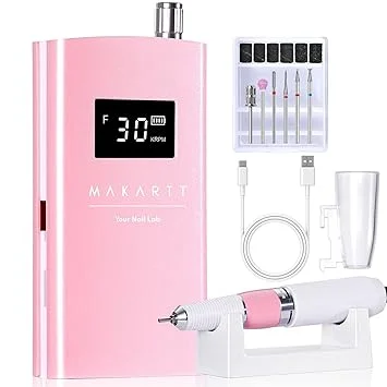 Makartt Cordless Electric Nail Drill, 30,000RPM E File for Acrylic & Gel Removal, 8.5H Battery, Quiet, LCD Display, Portable Nail Drill for Beginners & Nail Techs, Perlarie Pearly Pink