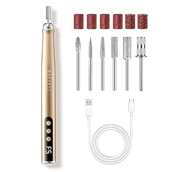 Makartt Pen-Shaped Rechargeable Nail Drill for Beginners: 25,000 RPM Cordless Electric Nail File with 5-Speed LED Display, Lightweight Quiet E File Kit for Gel Polish Removal, Home Travel Use(Gold)