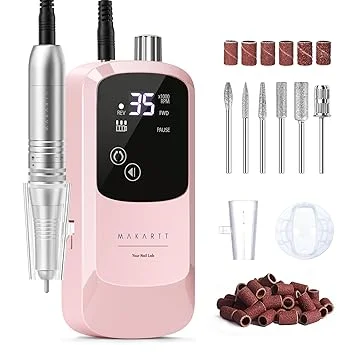 Makartt Rechargeable Electric Nail Drill: 35000 RPM Nail Drill File with Storage Stand for Acrylic Gel Polishing Removing LED Display,Cordless Efile with Bits Kit for Manicure Beginner Home (Pink)