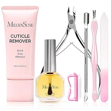 MelodySusie Cuticle Remover Kit,60g Cuticle Remover Cream 15ML Cuticle Oil,Cuticle Nipper Trimmer Pusher, Nail File and Brush for Cuticle Softener & Moisturize Manicure Kit for Nail Care