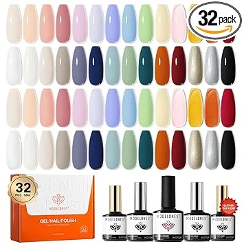 Modelones 32 PCS Gel Nail Polish Set, 28 Colors Summer Gel Polish with No Wipe Base Coat, Glitter & Glossy & Matte Top Coat Nude Pink Blue Purple Green Black Brown Gray LED Nail Art kit Salon DIY Gift