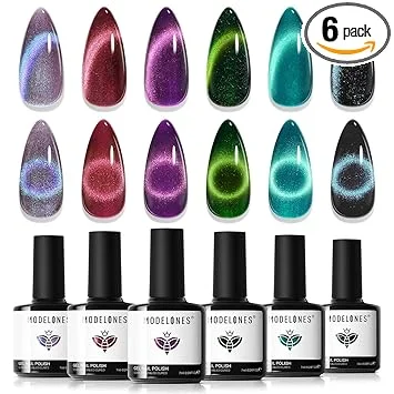 modelones Cat Eye Gel Nail Polish, 6 Colors Glitter Red Green Purple Blue Gel Polish Set with Magnet Sparkle Galaxy Series Nail Gel Polish Kit Soak Off Led Nail Art Manicure Salon DIY Gifts