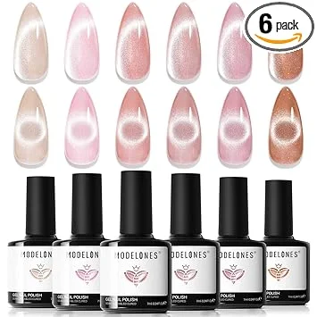 modelones Cat Eye Gel Nail Polish, 6 Colors Nude Gel Polish Pink Glitter Brown with Magnet Sparkle Galaxy Series Nail Polish Kit Soak Off Led Nail Art Manicure Salon DIY Gifts