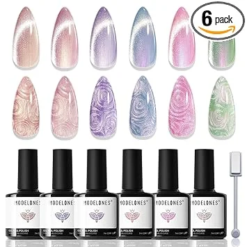 modelones Cat Eye Gel Nail Polish, 6 Colors Shimmer Pearl Magnetic Nail Drawing Set with Magnet, Iridescent Mermaid Swirl Shell Thread Purple Pink Blue Glitter, DIY Manicure Gift for Women Girl