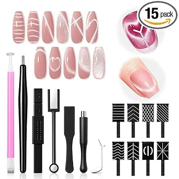 modelones Cat Eye Magnet Set, 15PCS Multi-Shape Nail Magnet for Cateye Gel Polish, Heart Moon Flower Square Effects with Bead-Attracting Nail Magnetic, UV/LED Lamp Required, DIY Nail Art(Magnet Only)