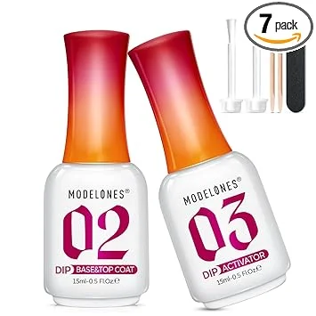 Modelones Dip Powder Liquid Set 7pcs Base & Top Coat 2 in One with Activator 15ml Crystal Clear No Lamp Needed with Nail File Nail/Buffer/Brush