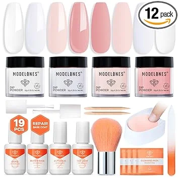 Modelones Dip Powder Nail Kit, 4 Colors Clear Nude White Pink Dipping Starter Set with Liquid and Complete Accessories for French Nails Art Salon DIY at Home Manicure
