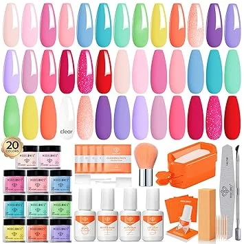 Modelones Dip Powder Nail Kit Starter 40 Pcs, 20 Colors Hot Pink Baby Blue Purple Dipping Powder Liquid Set Base&Top Activator for Nail Powder Dip Kit