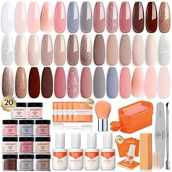 Modelones Dip Powder Nail Kit Starter 40 Pcs, 20 Colors Nude Pink Glitter Brown Dipping Powder Liquid Set Base&Top Activator for Nail Powder Dip Kit
