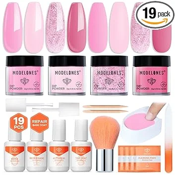 Modelones Dip Powder Nail Kit Starter Set, 4 Colors 19pcs Dip Powder Liquid Set Baby Pink Glitter Dipping Powder Set with Top & Base Coat/Activator/Powder Brush/Recycling Tray for Nails Manicure