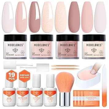 Modelones Dip Powder Nail Kit Starter Set, 4 Colors 19pcs Dip Powder Liquid Set White Nail Nude Pink Dipping Powder Set with Top & Base Coat/Activator/Powder Brush/Recycling Tray for Nails Manicure