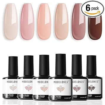 modelones Gel Nail Polish Kit -6 Colors Nude Pink Milky White Gel Polish Set Skin Tones Neutral Brown Soak Off Gel Nail Kit Manicure DIY Nail Art Salon Home Gift
