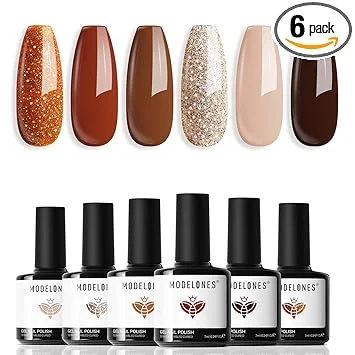 modelones Gel Nail Polish Set, 6 Colors 2026 Winter Neutral Nude Brown Gel Polish Maroon Caramel Burgundy Champane Gold Glitter Nail Polish Cherry Mocha Soak OFF LED DIY Kit Gift