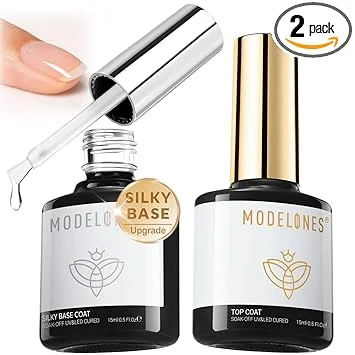 modelones Gel Nail Polish Top Base Coat Set, 15 ML Upgrade Silky Base and Extra Glossy Top Coat Clear No Wipe High Shine Gel Polish Soak Off U V LED Nail Art Home DIY Manicure Gift for Women Beginner