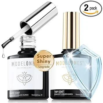 modelones Gel Top Coat, 15 ml 2026 Upgrade Super Shiny Base and Top Coat Set, Soak Off Nail Lamp Acid Free No Wipe Clear Base Top Gel Nail Polish