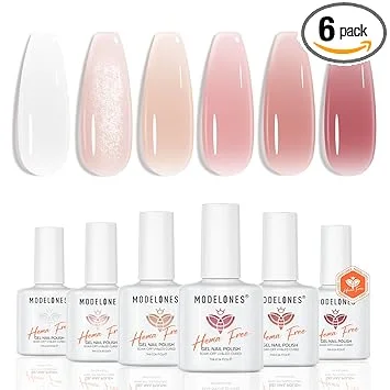 modelones Jelly Gel Nail Polish Set, Hema-Free 6 Colors Nude Milky White Pink Red Neutral Sheer Shimmer Translucent Gel Polish Kit Soak Off LED Nail Lamp Manicure Salon DIY Girls Women Gift