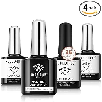 modelones Nail Dehydrator and Primer with Gel Base & Top Coat Set, Acid Free Acrylic Supplies Primer Glossy Gel Nail Polish Nail Thickening Solution Top Coat