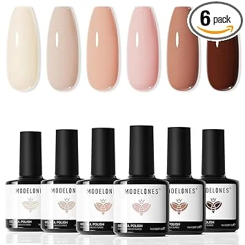 modelones Nude Gel Nail Polish Set -6 Colors Neutral Milky White Pink Brown Gel Polish Kit Skin Tones Soak Off Nail Kit Manicure DIY at Home Nail Art Salon Gift